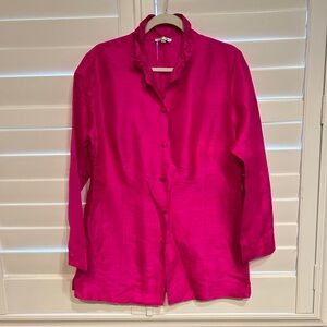 Patty Kim Ruffle Neck Silk Dupioni Button Down Blouse Hot Pink Size Medium